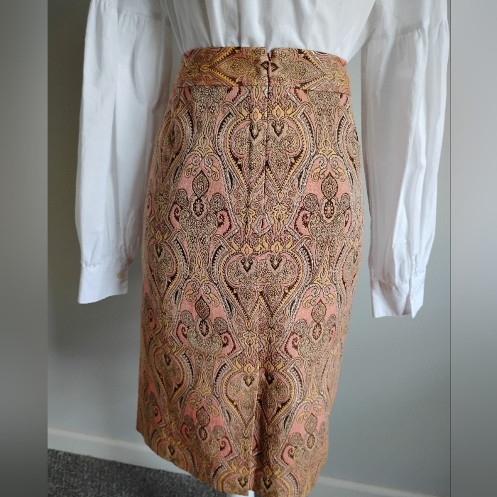 Talbots Cotton Silk Tapestry Brocade Pencil Skirt Pastel Pink Metallic Size 14P - Picture 9 of 16